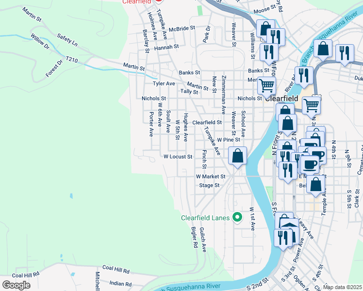 map of restaurants, bars, coffee shops, grocery stores, and more near 102 West 5th Avenue in Clearfield