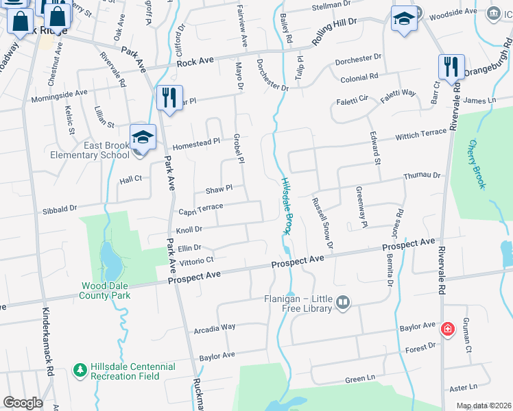 map of restaurants, bars, coffee shops, grocery stores, and more near 249 Knoll Drive in Park Ridge