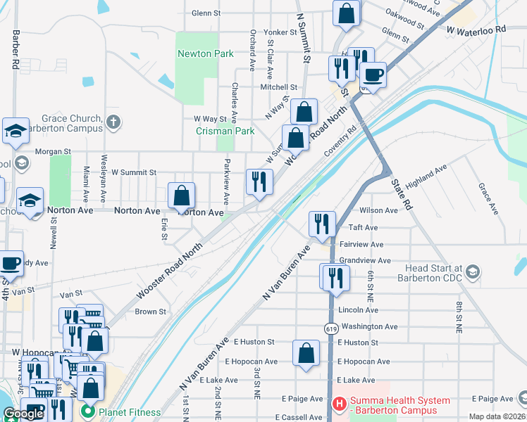 map of restaurants, bars, coffee shops, grocery stores, and more near 111 Gum Street in Barberton