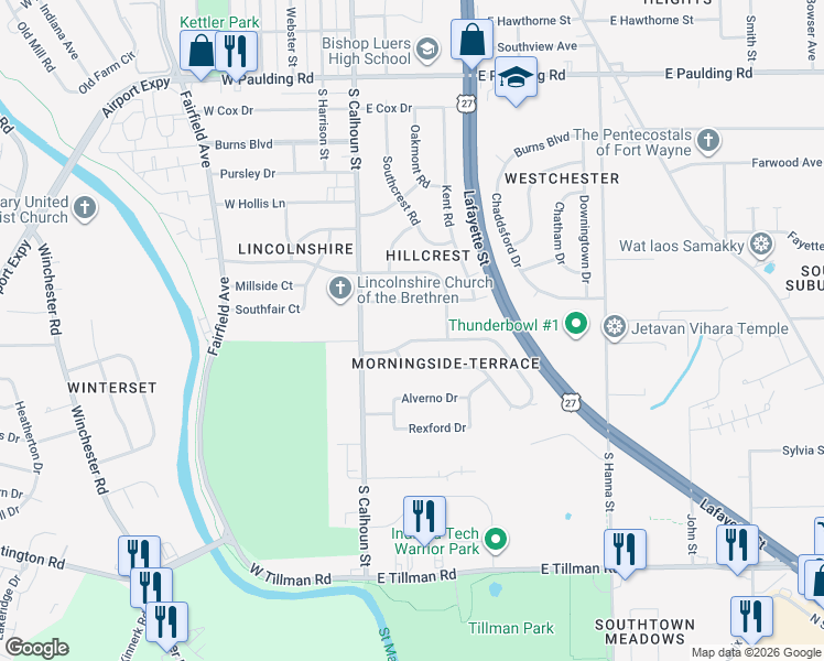 map of restaurants, bars, coffee shops, grocery stores, and more near 210 Edgeknoll Lane in Fort Wayne
