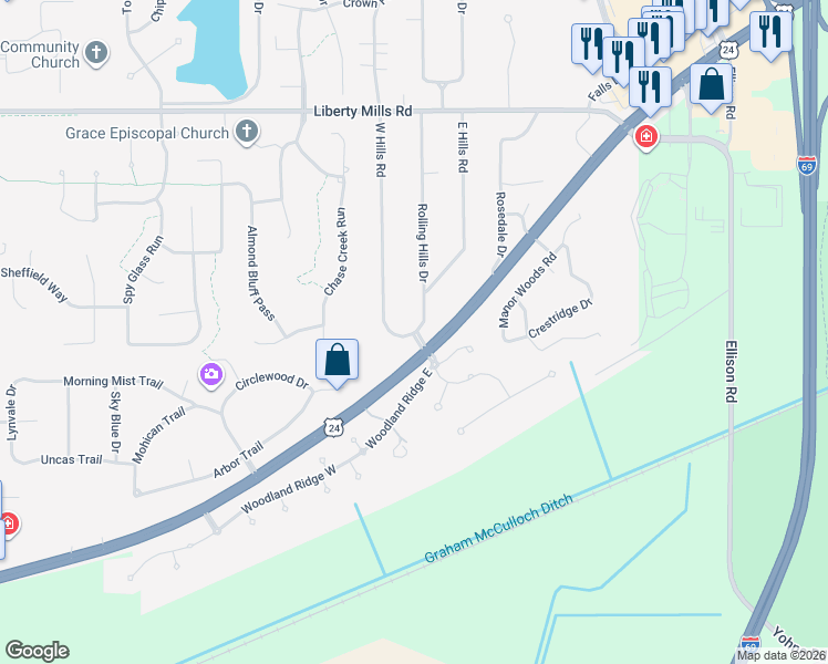 map of restaurants, bars, coffee shops, grocery stores, and more near 9600 West Jefferson Boulevard in Fort Wayne