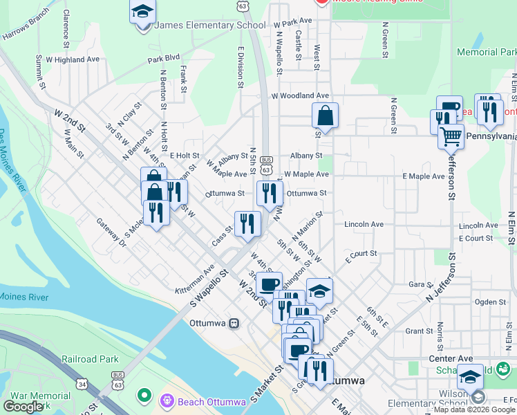 map of restaurants, bars, coffee shops, grocery stores, and more near 371-399 North Wapello Street in Ottumwa