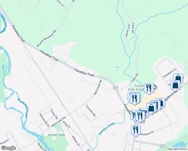 map of restaurants, bars, coffee shops, grocery stores, and more near 585 Paradise Trail in East Stroudsburg