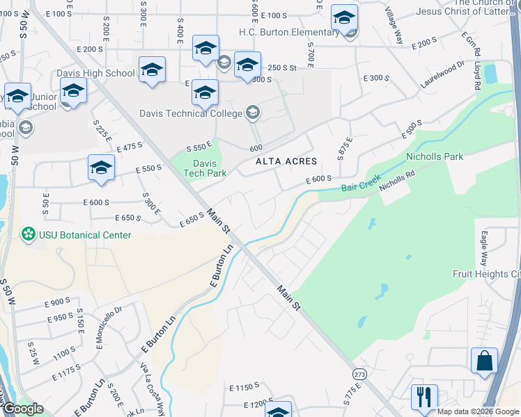 map of restaurants, bars, coffee shops, grocery stores, and more near 646 East 600 South in Kaysville