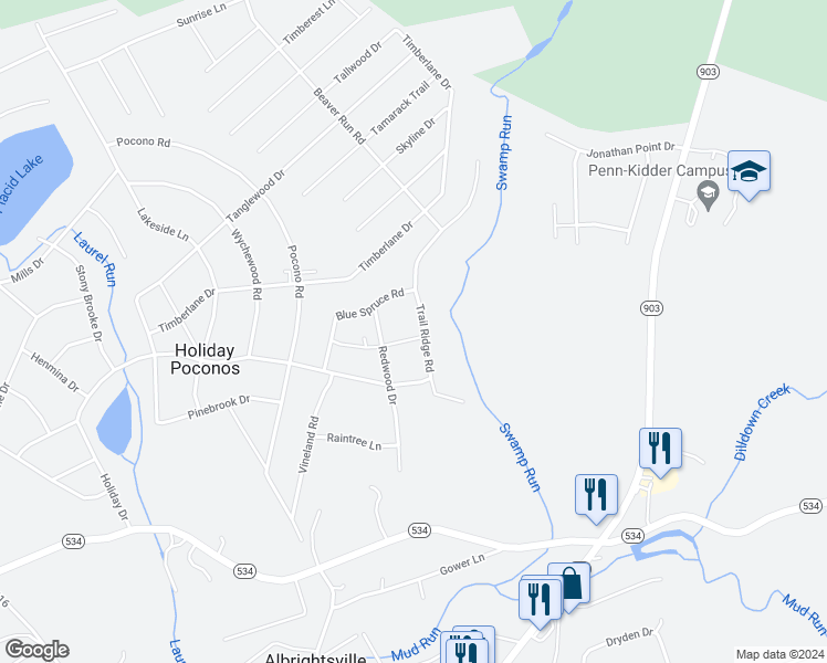 map of restaurants, bars, coffee shops, grocery stores, and more near 23 Trail Ridge Road in Albrightsville