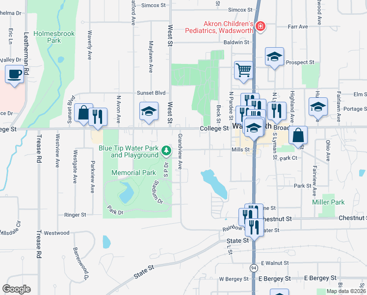 map of restaurants, bars, coffee shops, grocery stores, and more near 162 Grandview Avenue in Wadsworth