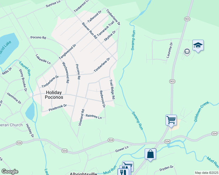 map of restaurants, bars, coffee shops, grocery stores, and more near 23 Trail Ridge Road in Albrightsville