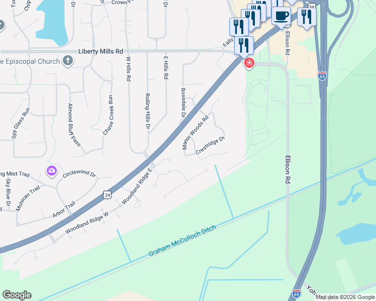 map of restaurants, bars, coffee shops, grocery stores, and more near 9563 Crestridge Dr in Fort Wayne