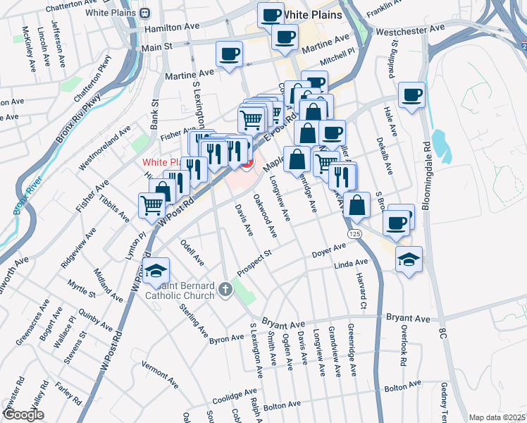 map of restaurants, bars, coffee shops, grocery stores, and more near Oakwood Avenue in White Plains