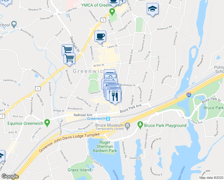 map of restaurants, bars, coffee shops, grocery stores, and more near 359 Greenwich Avenue in Greenwich