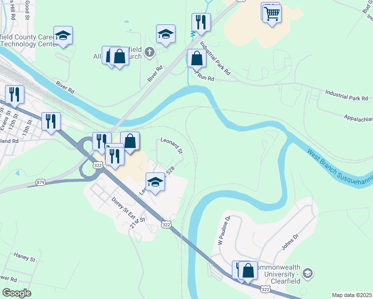 map of restaurants, bars, coffee shops, grocery stores, and more near 1300 Leonard Street in Clearfield