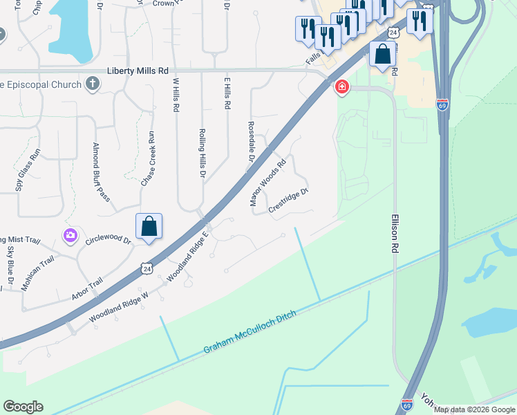 map of restaurants, bars, coffee shops, grocery stores, and more near 9563 Crestridge Dr in Fort Wayne