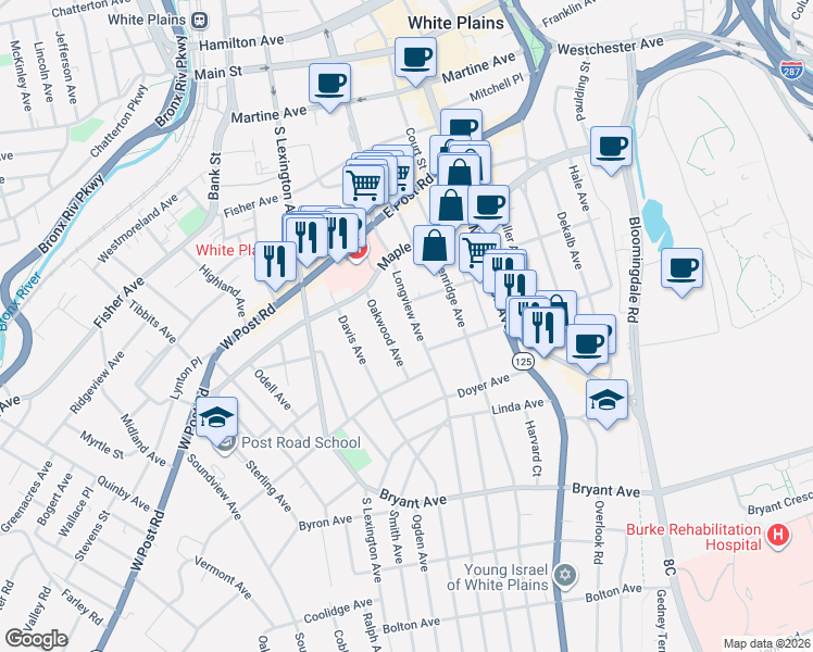 map of restaurants, bars, coffee shops, grocery stores, and more near 29 Oakwood Avenue in White Plains