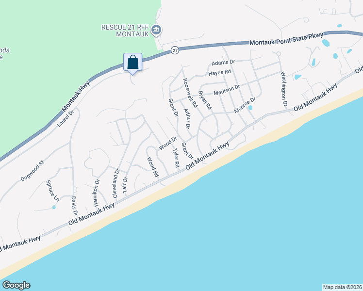 map of restaurants, bars, coffee shops, grocery stores, and more near 7 Grant Drive in Montauk