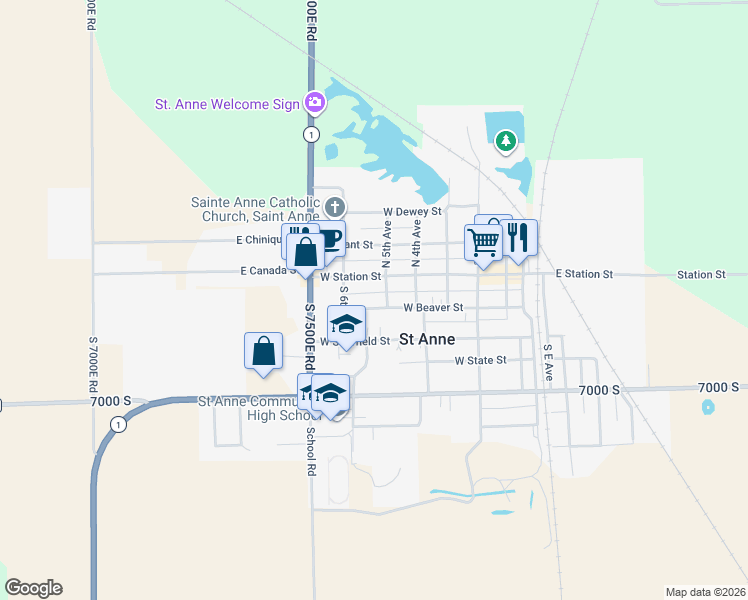map of restaurants, bars, coffee shops, grocery stores, and more near 516 West Beaver Street in Saint Anne