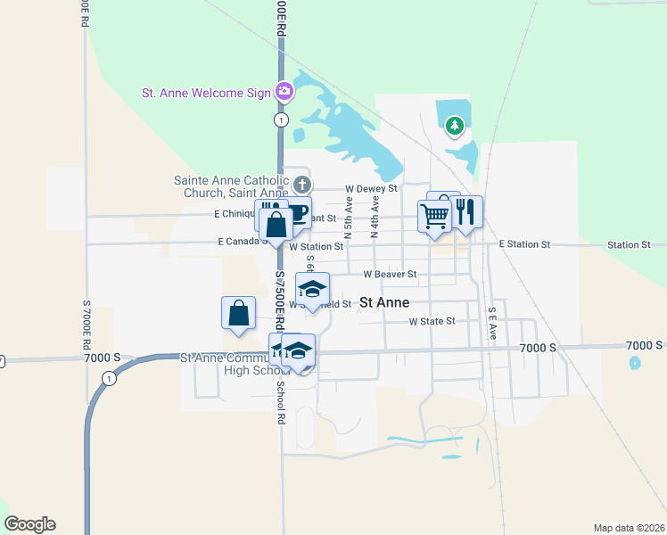 map of restaurants, bars, coffee shops, grocery stores, and more near 516 West Beaver Street in Saint Anne