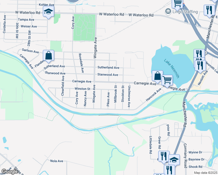 map of restaurants, bars, coffee shops, grocery stores, and more near 2925 Pikes Avenue in Akron