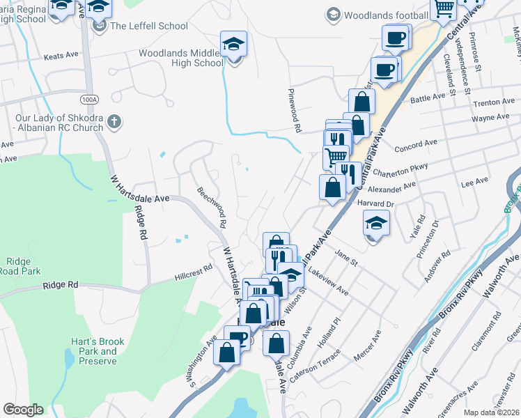 map of restaurants, bars, coffee shops, grocery stores, and more near 60 Pinewood Road in Hartsdale
