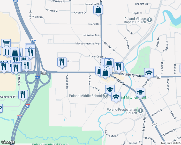 map of restaurants, bars, coffee shops, grocery stores, and more near 113 West McKinley Way in Poland
