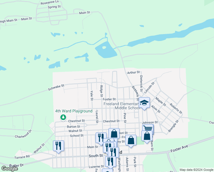 map of restaurants, bars, coffee shops, grocery stores, and more near 1154 Ridge St in Freeland