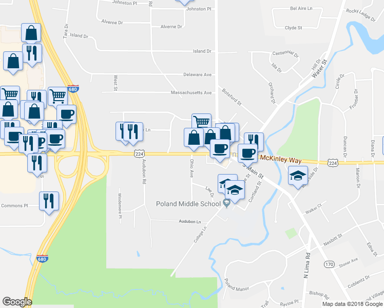 map of restaurants, bars, coffee shops, grocery stores, and more near 0 Ohio Avenue in Poland