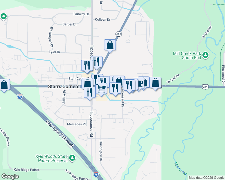 map of restaurants, bars, coffee shops, grocery stores, and more near 1474 Boardman Canfield Road in Boardman