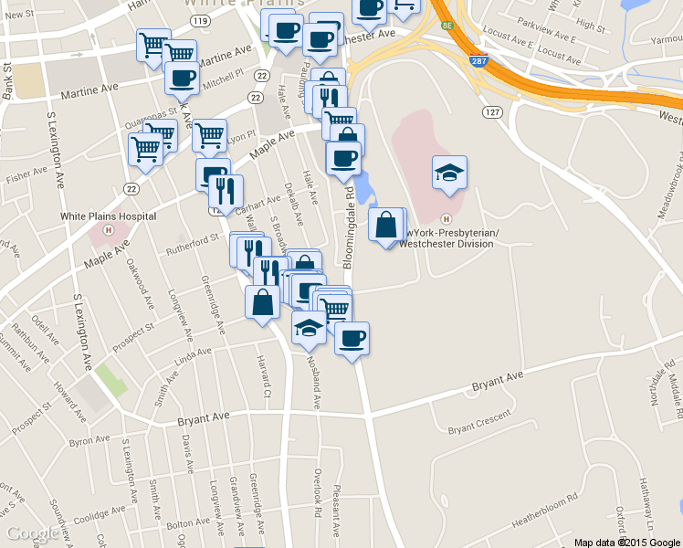 map of restaurants, bars, coffee shops, grocery stores, and more near 200 Bloomingdale Rd in White Plains