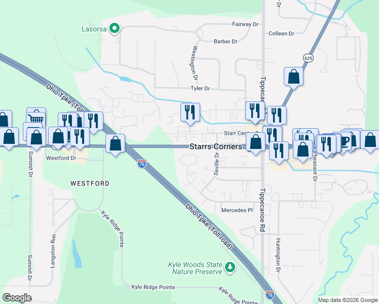 map of restaurants, bars, coffee shops, grocery stores, and more near 3855 Starr Centre Drive in Canfield