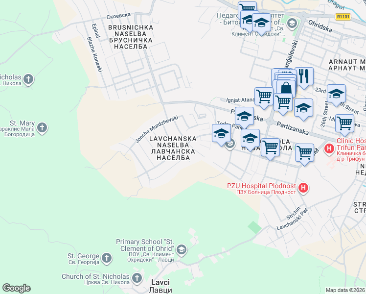 map of restaurants, bars, coffee shops, grocery stores, and more near Jadranska in Bitola