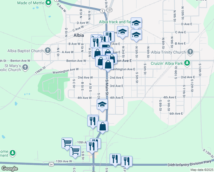 map of restaurants, bars, coffee shops, grocery stores, and more near South Main Street in Albia