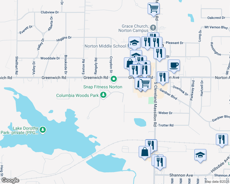 map of restaurants, bars, coffee shops, grocery stores, and more near 3360 Columbia Woods Drive in Norton