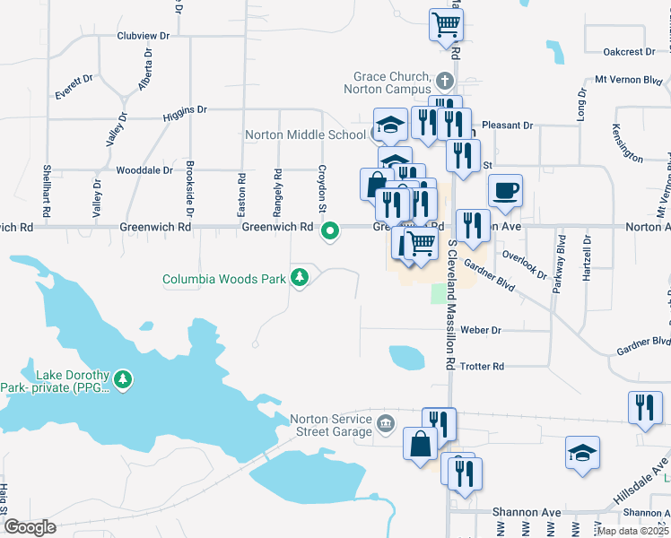 map of restaurants, bars, coffee shops, grocery stores, and more near 3354 Columbia Woods Drive in Norton