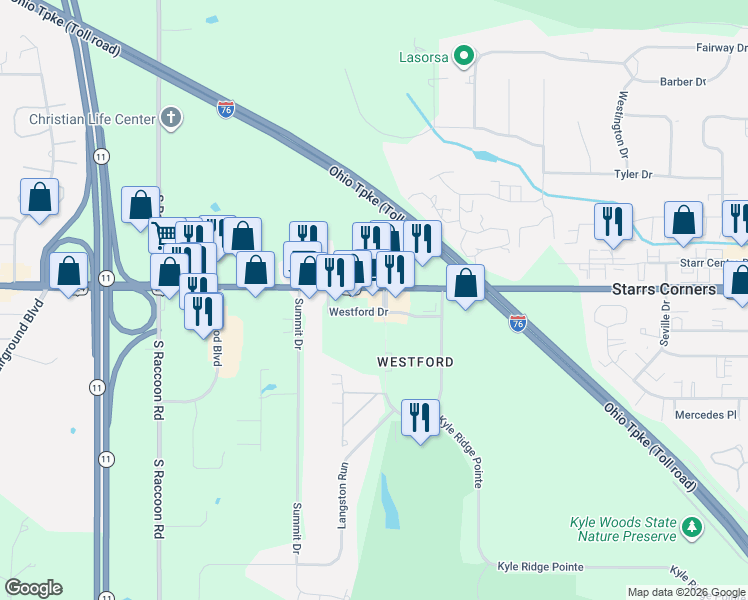 map of restaurants, bars, coffee shops, grocery stores, and more near 4206 Boardman-Canfield Road in Canfield