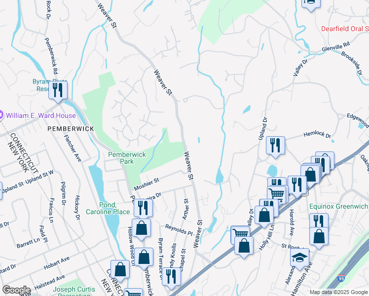map of restaurants, bars, coffee shops, grocery stores, and more near 122 Weaver Street in Greenwich