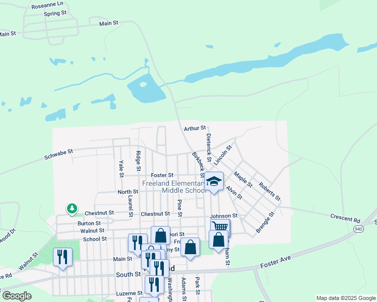 map of restaurants, bars, coffee shops, grocery stores, and more near 1206 Birkbeck Street in Freeland
