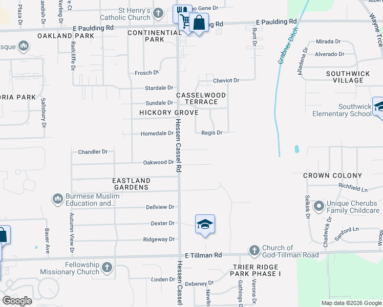 map of restaurants, bars, coffee shops, grocery stores, and more near 3225 Vantage View Drive in Fort Wayne