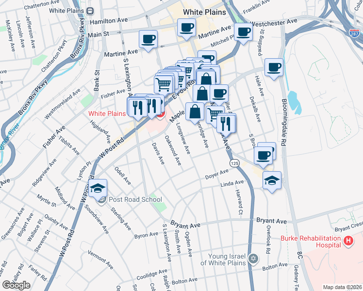 map of restaurants, bars, coffee shops, grocery stores, and more near 25 Longview Avenue in White Plains
