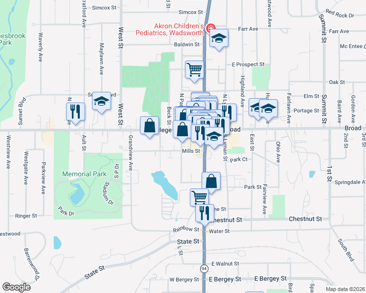map of restaurants, bars, coffee shops, grocery stores, and more near 131 South Pardee Street in Wadsworth