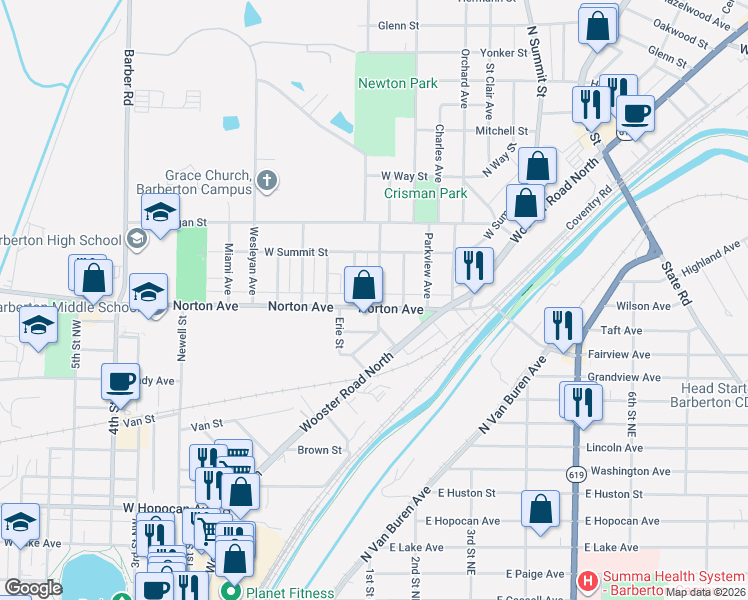 map of restaurants, bars, coffee shops, grocery stores, and more near 532 Lloyd Street in Barberton