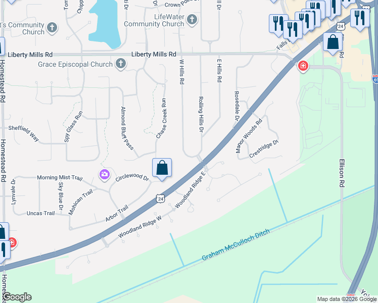 map of restaurants, bars, coffee shops, grocery stores, and more near 6413 West Hills Road in Fort Wayne