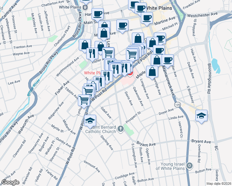 map of restaurants, bars, coffee shops, grocery stores, and more near Maple Avenue & South Lexington Avenue in White Plains