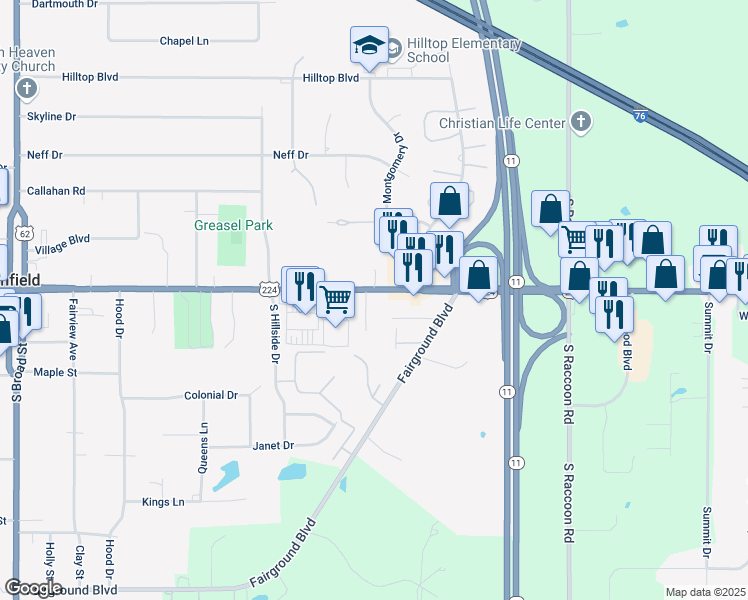 map of restaurants, bars, coffee shops, grocery stores, and more near 11 Manor Hill Drive in Canfield