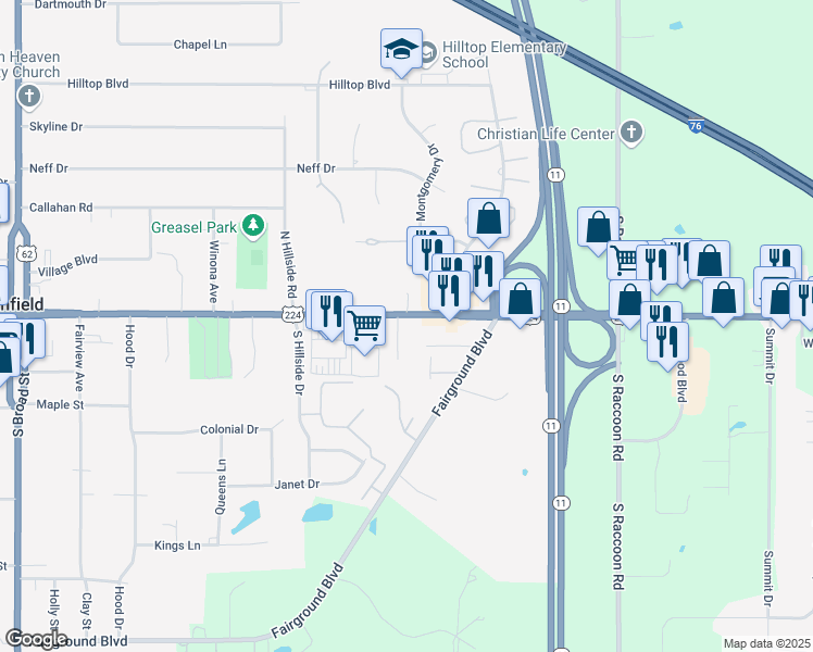 map of restaurants, bars, coffee shops, grocery stores, and more near 11 Manor Hill Drive in Canfield