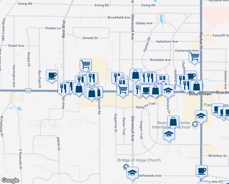 map of restaurants, bars, coffee shops, grocery stores, and more near in Youngstown