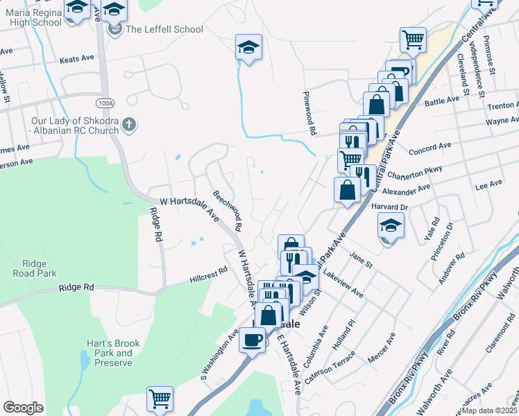 map of restaurants, bars, coffee shops, grocery stores, and more near 2 Wildwood Road in Hartsdale