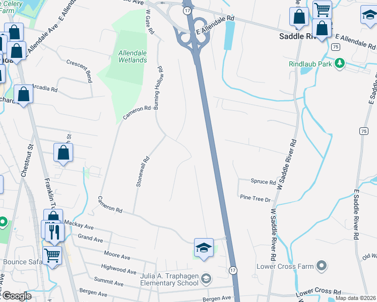 map of restaurants, bars, coffee shops, grocery stores, and more near 18 Burning Hollow Road in Saddle River
