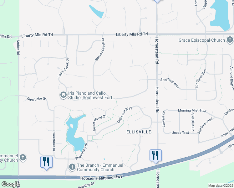 map of restaurants, bars, coffee shops, grocery stores, and more near 6418 Shady Creek Ct in Fort Wayne
