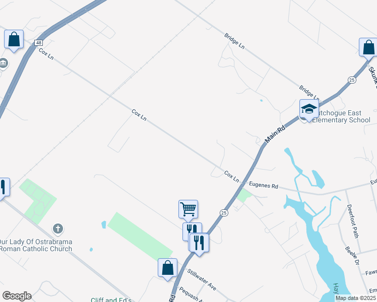 map of restaurants, bars, coffee shops, grocery stores, and more near 1355 Cox Lane in Cutchogue