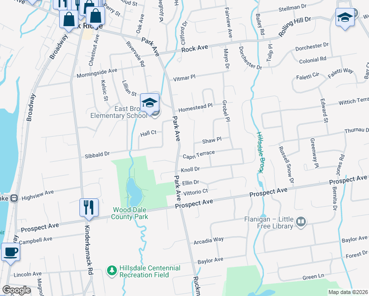 map of restaurants, bars, coffee shops, grocery stores, and more near 295 Park Avenue in Park Ridge