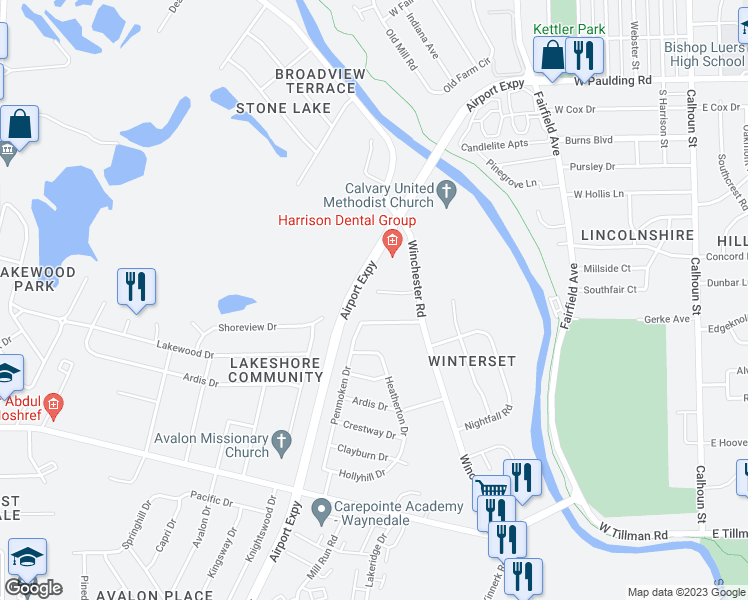 map of restaurants, bars, coffee shops, grocery stores, and more near 1019 Pointe Center Cove in Fort Wayne